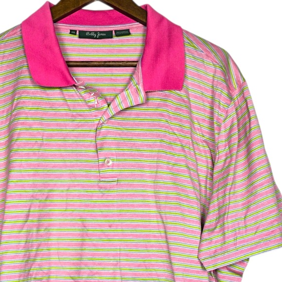 Bobby Jones Mens 2XL XXL Golf Polo Shirt Striped Pink Green Short Sleeve - Picture 1 of 5